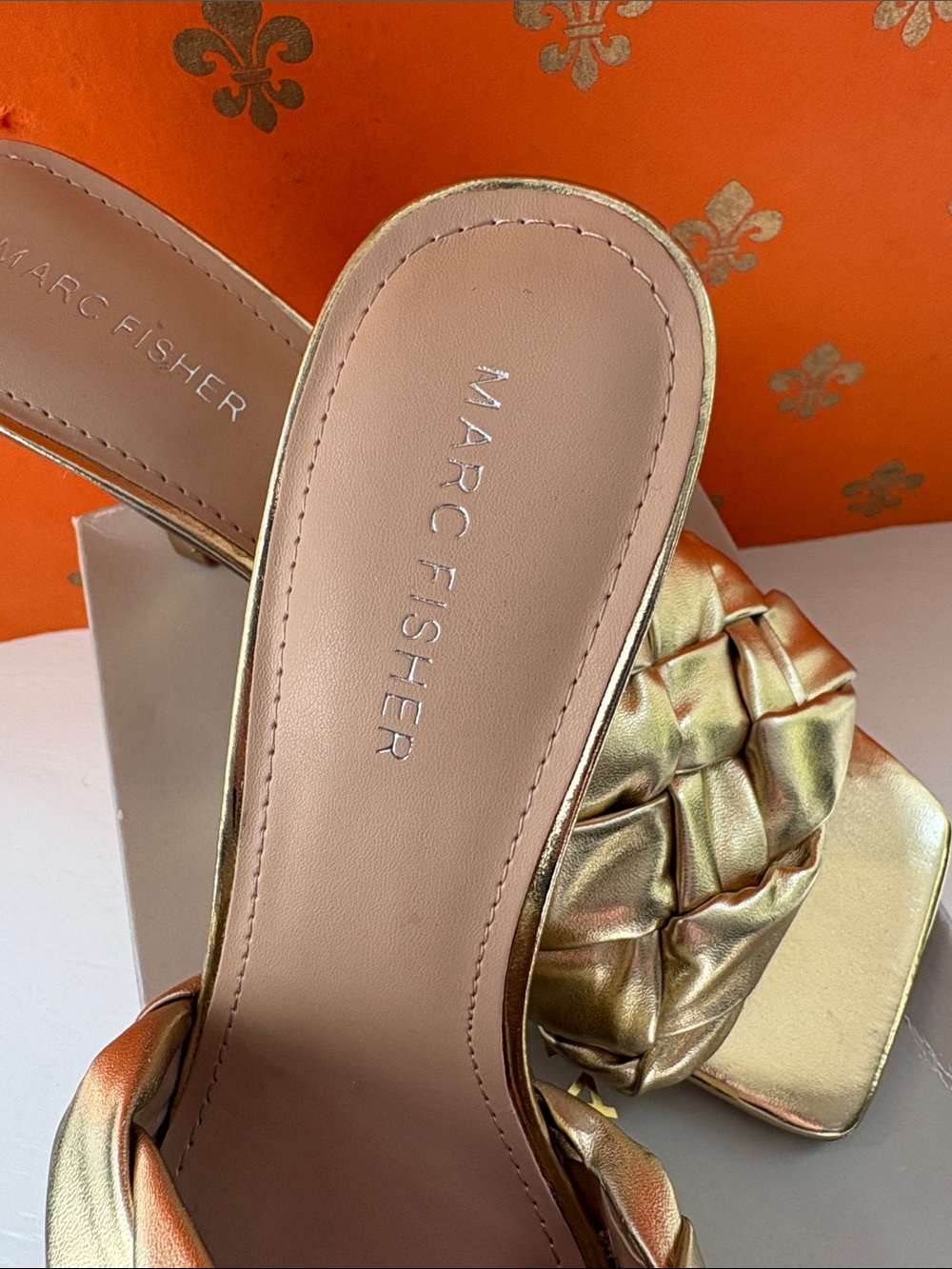 Marc Fisher Metallic Gold Braided Square-Toe Heeled Slides - Picture 2 of 6